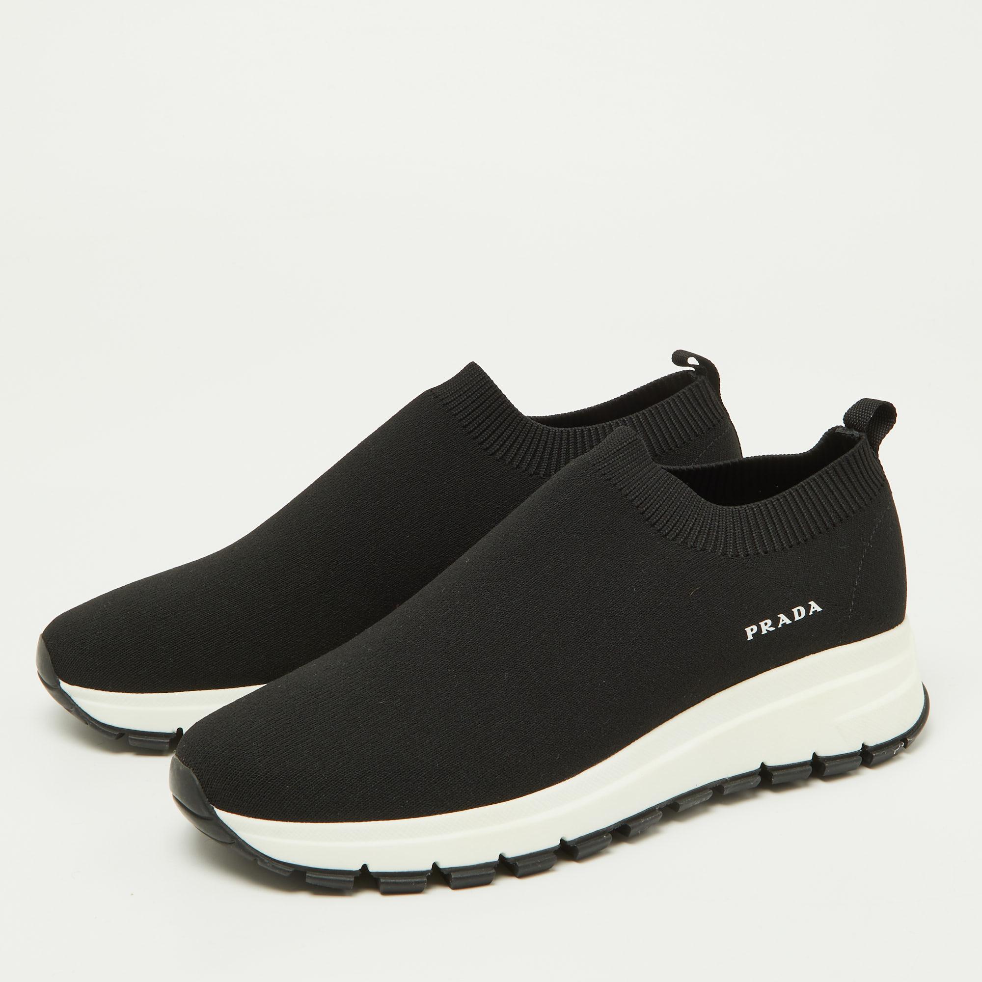 Prada Black Knit Fabric Slip On Sneakers Size 37.5 3