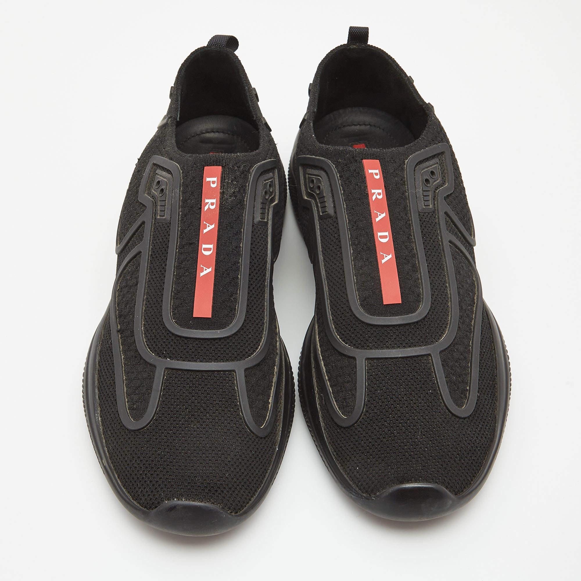 Prada Black Knit Fabric Technical Bike Slip On Sneakers Size 37.5 For Sale 2