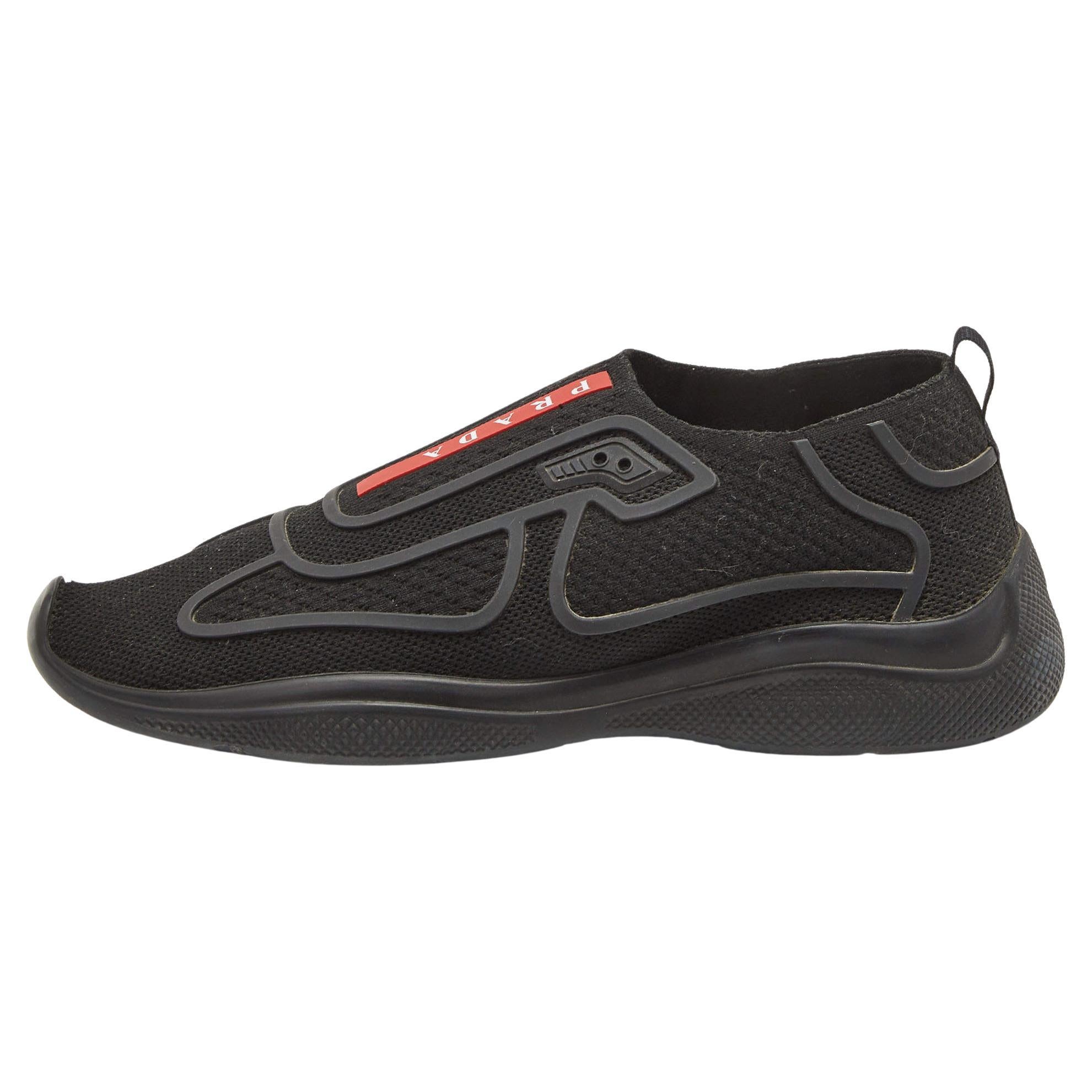 Prada Black Knit Fabric Technical Bike Slip On Sneakers Size 37.5 For Sale