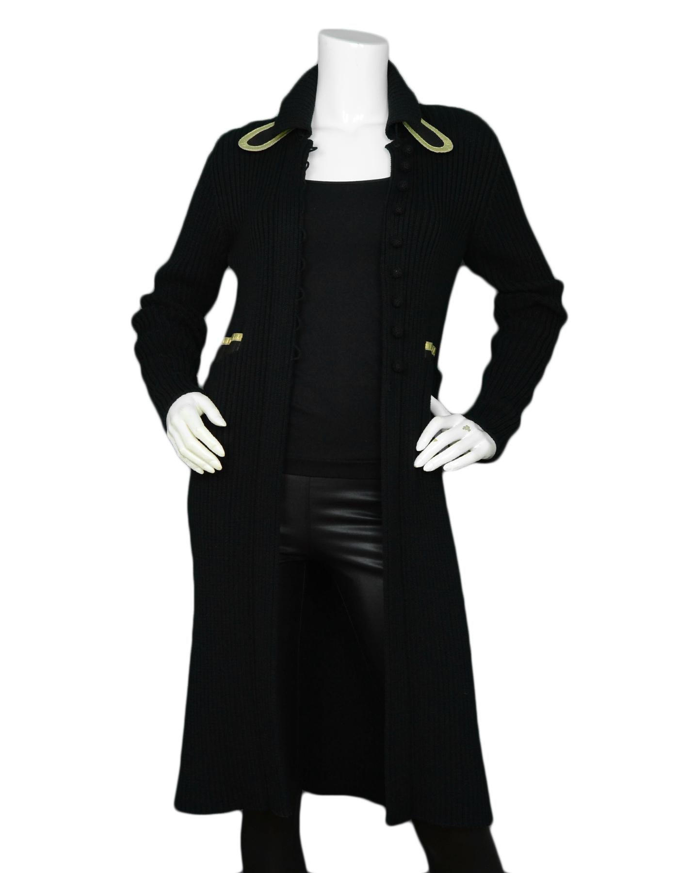 Prada Black Knit Long Cardigan Sweater w/ Black/Gold & Leather Collar/Pockets sz 38

Made In: Italy
Color: Black
Materials: Believed to be Cotton
Opening/Closure: Front button up
Overall Condition: Excellent pre-owned condition

Tag Size: IT38/ US2