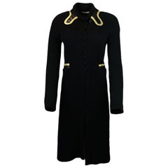 Prada Black Knit Long Cardigan Sweater w/ Black/Gold & Leather Trim IT38
