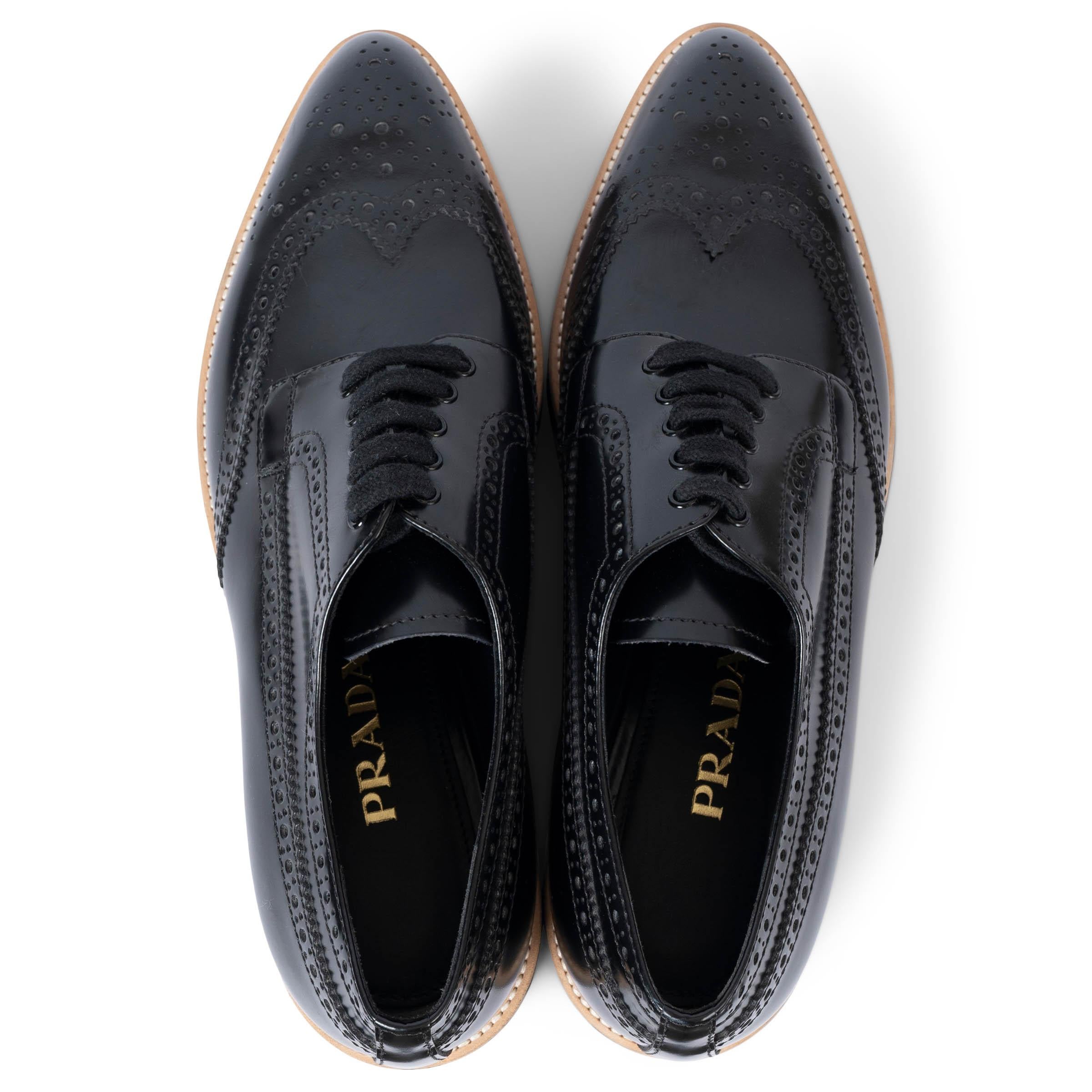 Women's PRADA black leather 2017 PLATFORM BROGUE Oxford Shoes 38 For Sale