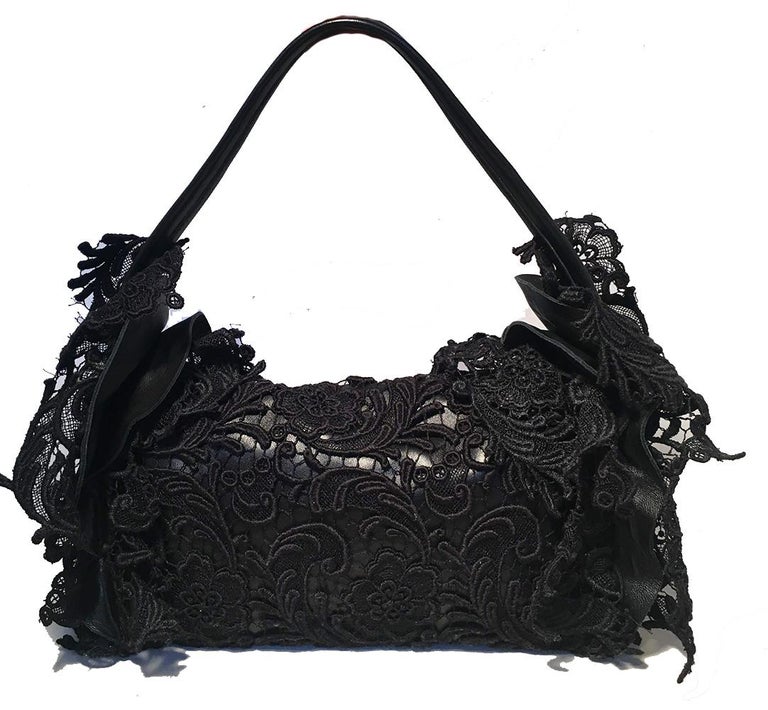 Prada Black Leather and Lace Pizzo Baguette Flap Shoulder Bag For Sale at 1stdibs