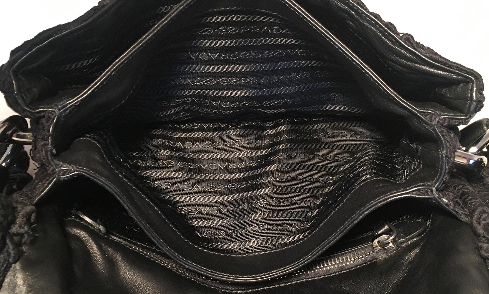 Prada Black Leather and Lace Pizzo Baguette Flap Shoulder Bag In Excellent Condition In Philadelphia, PA