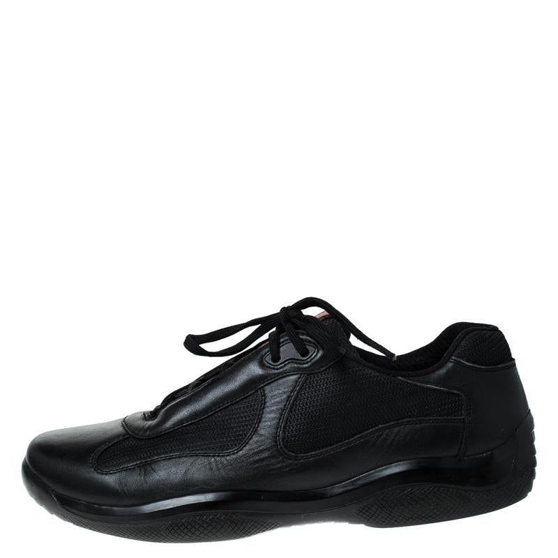 Built to last and add sophistication to any outfit, these leather and mesh sneakers are all you need. These Prada America's Cup sneakers are accentuated with a timeless black hue and a sturdy rubber sole that lends ultimate comfort.

Includes: The