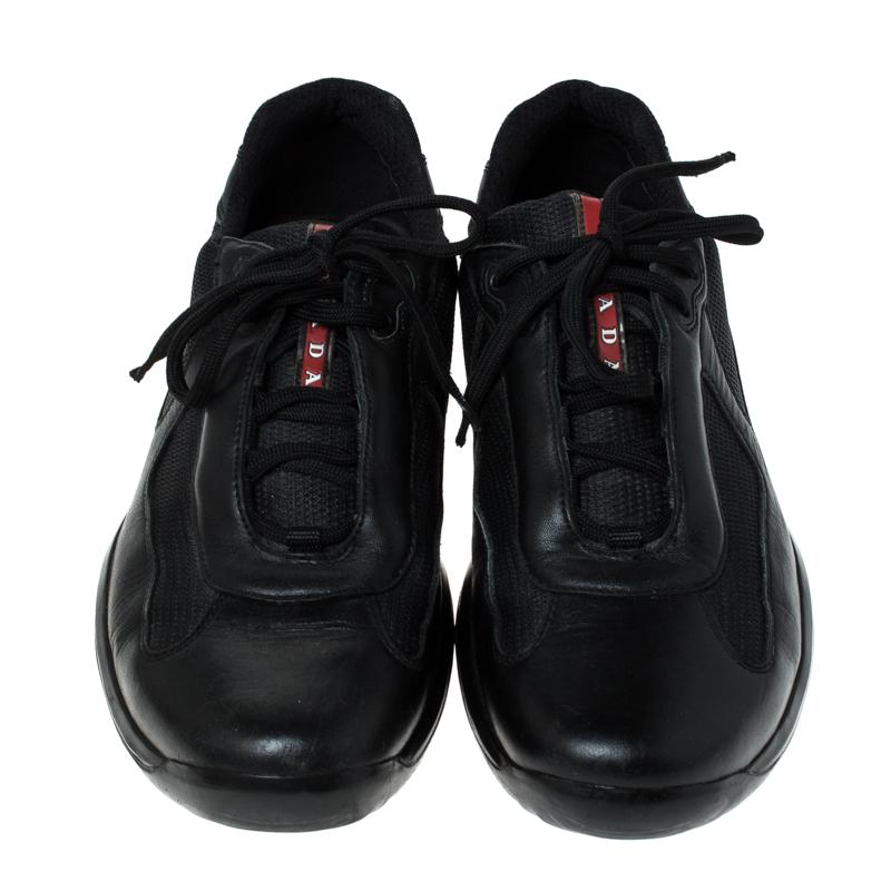 Prada Black Leather And Mesh America's Cup Lace Up Sneakers Size 43.5 In Good Condition In Dubai, Al Qouz 2