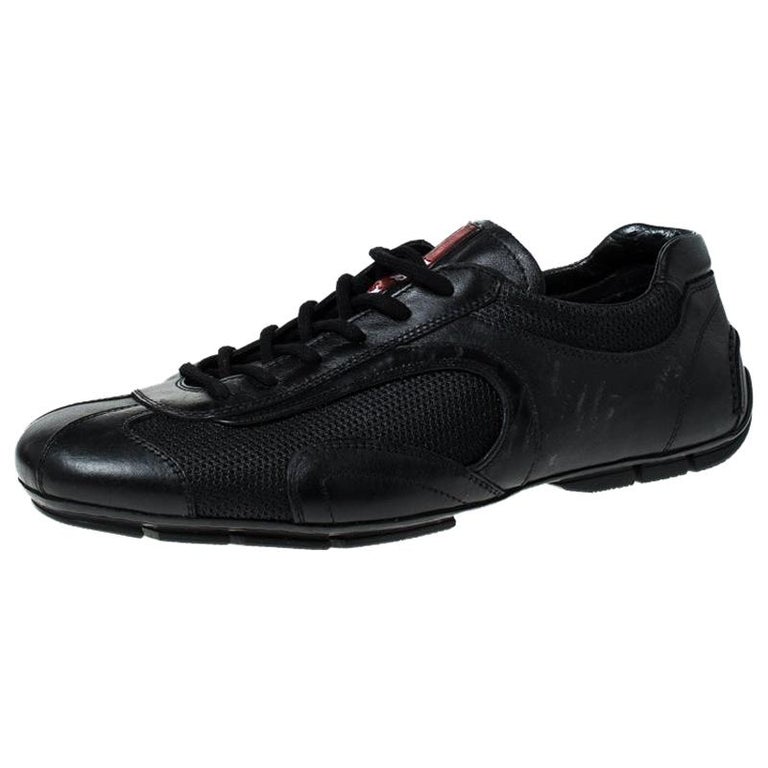 Prada Black Leather and Mesh Lace Up Trainers Size 41 For Sale at 1stDibs