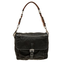 Used Prada Black Leather And Nylon Buckle Flap Shoulder Bag