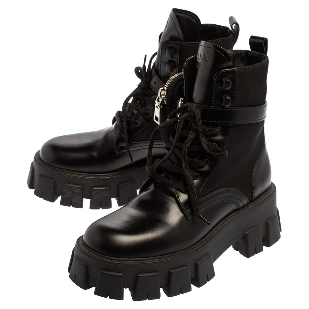 Prada Black Leather and Nylon Monolith Ankle Boots 37.5 1