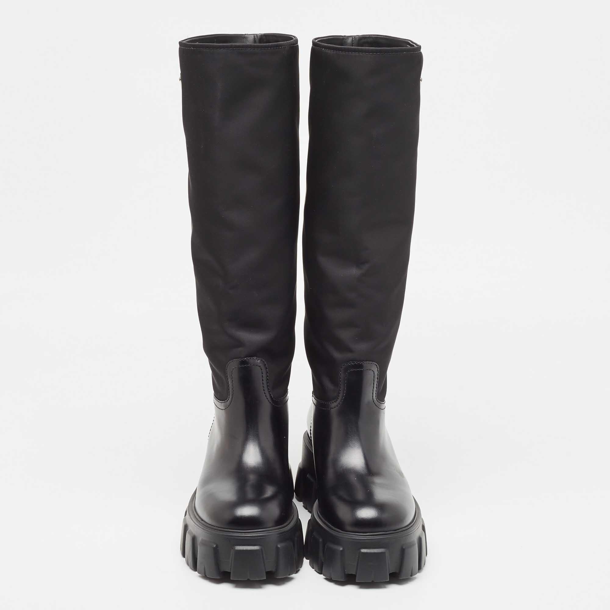 Women's Prada Black Leather and Nylon Monolith Boots Size 38 For Sale