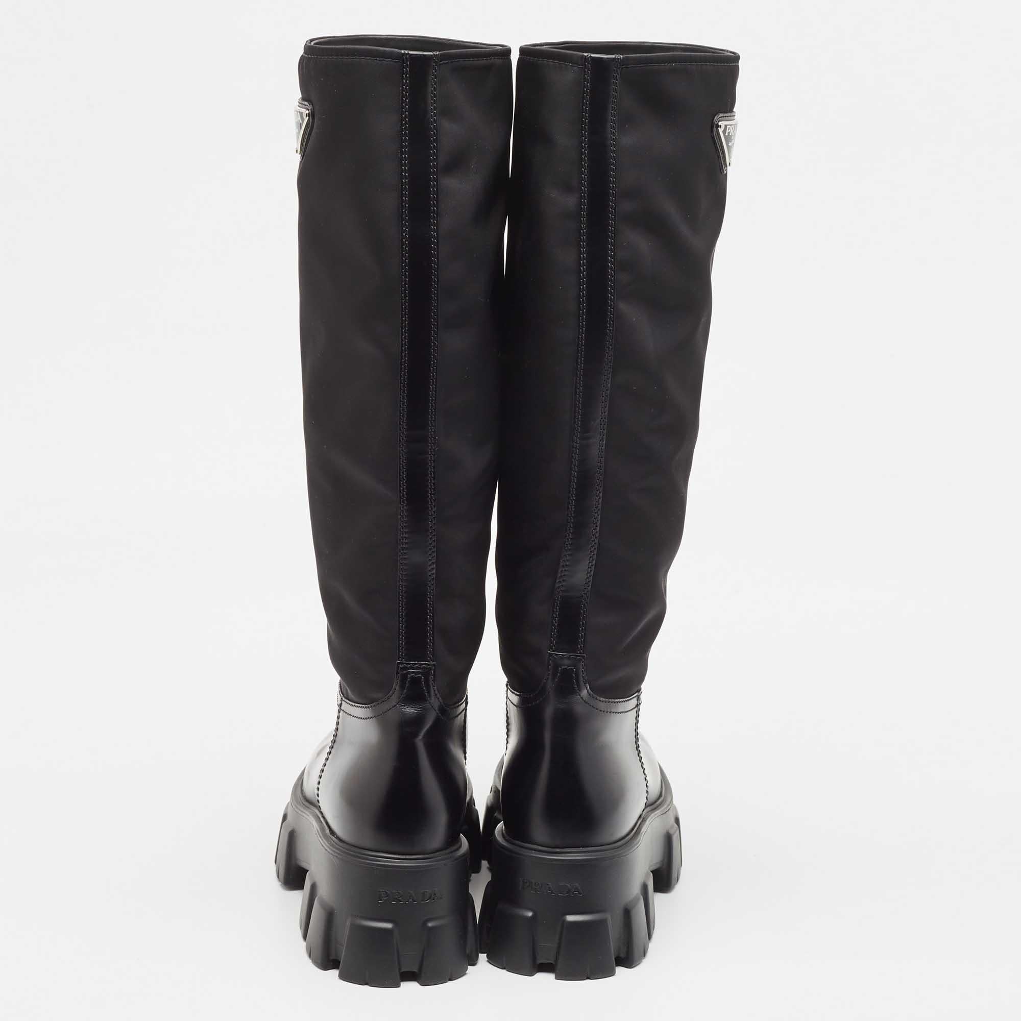Prada Black Leather and Nylon Monolith Boots Size 38 For Sale 1