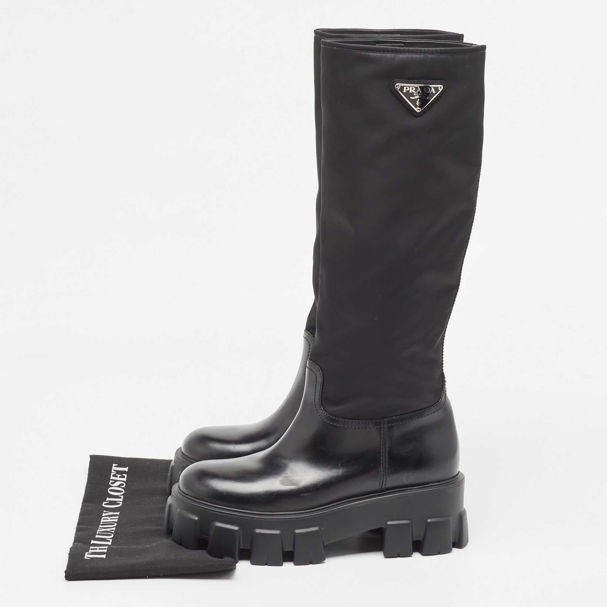 Prada Black Leather and Nylon Monolith Boots Size 38 For Sale 5
