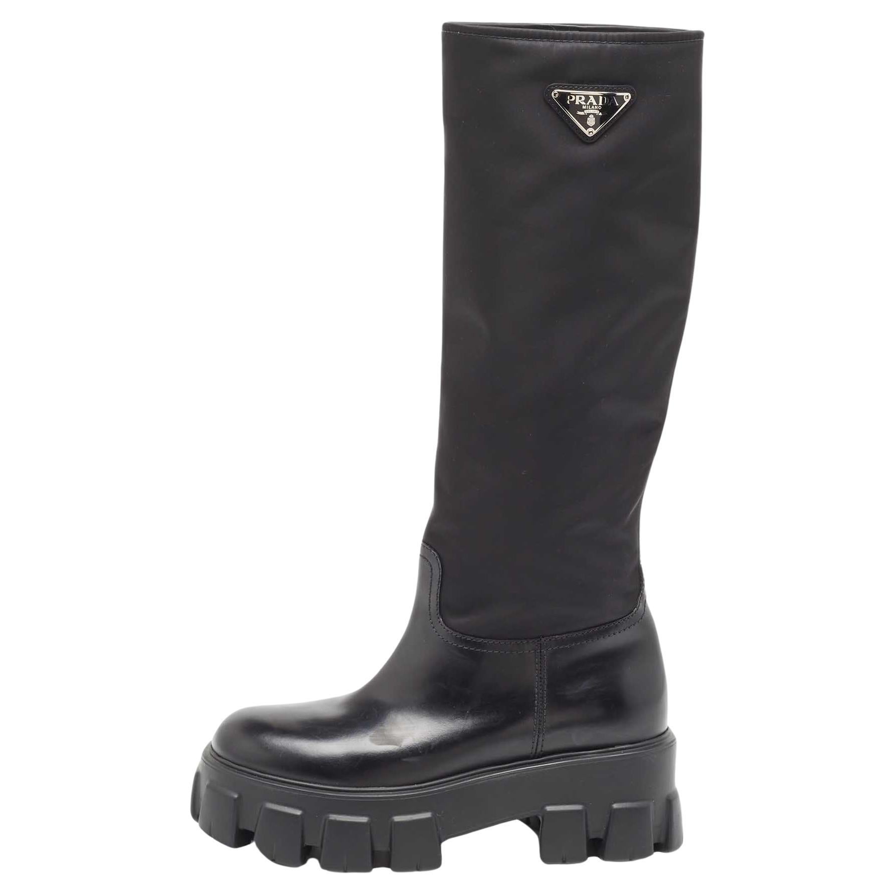 Prada Black Leather and Nylon Monolith Boots Size 38 For Sale