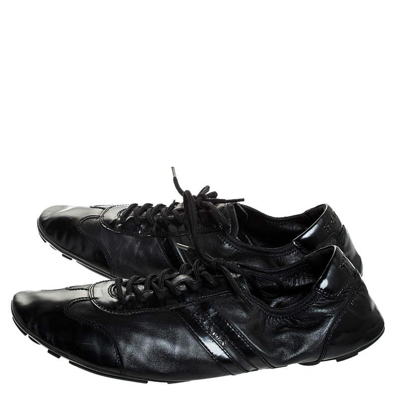 Men's Prada Black Leather and Patent Leather Lace Up Sneakers Size 41