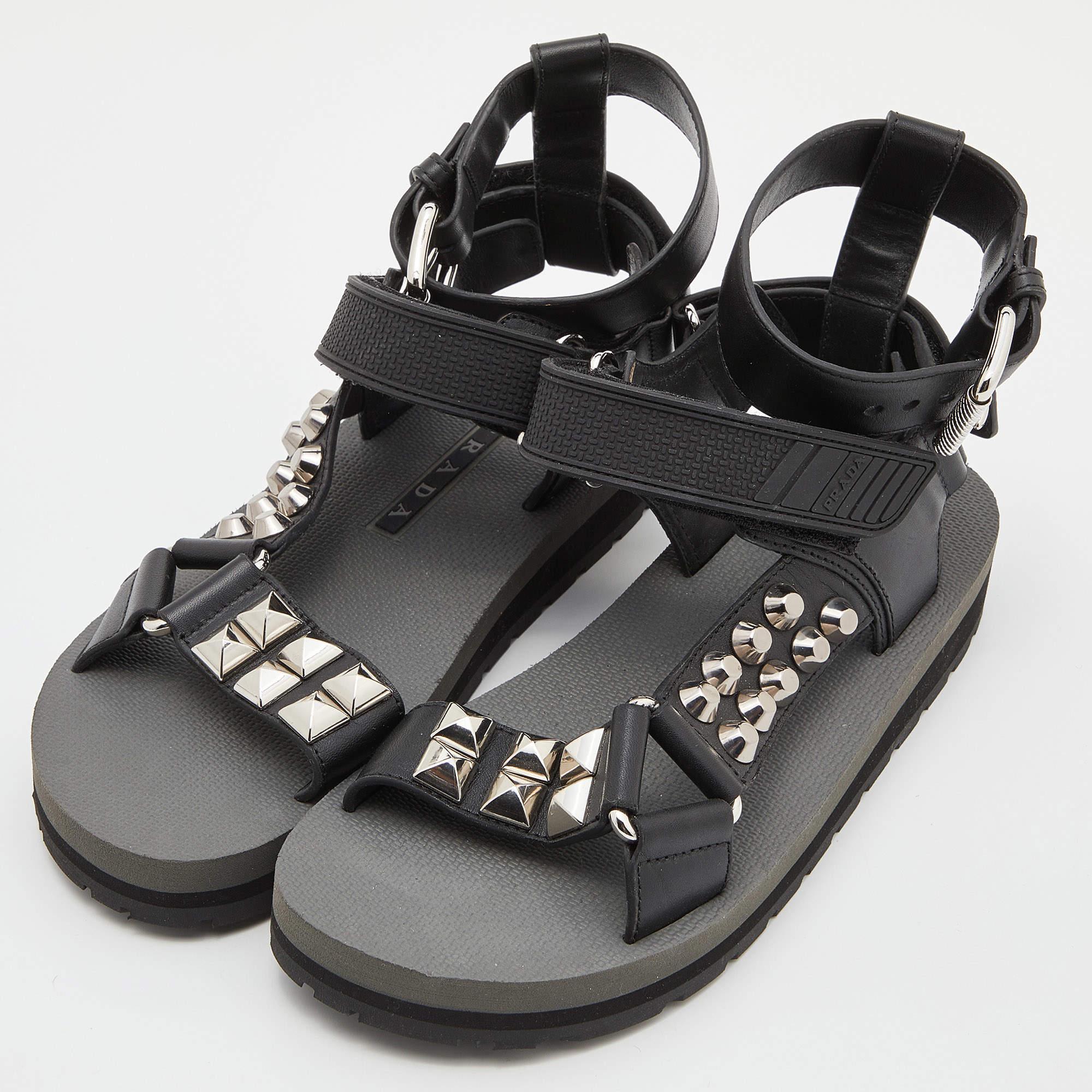 Women's Prada Black Leather and Rubber Punk Stud Ankle Strap Flat Sandals Size 37.5