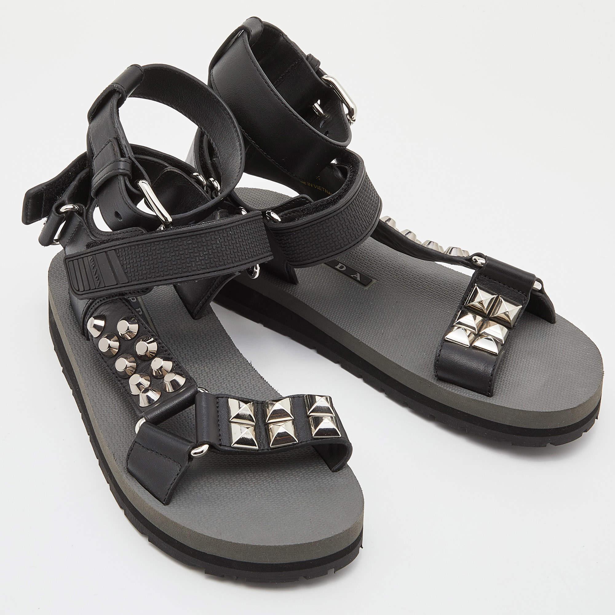 Prada Black Leather and Rubber Punk Stud Ankle Strap Flat Sandals Size 37.5 1
