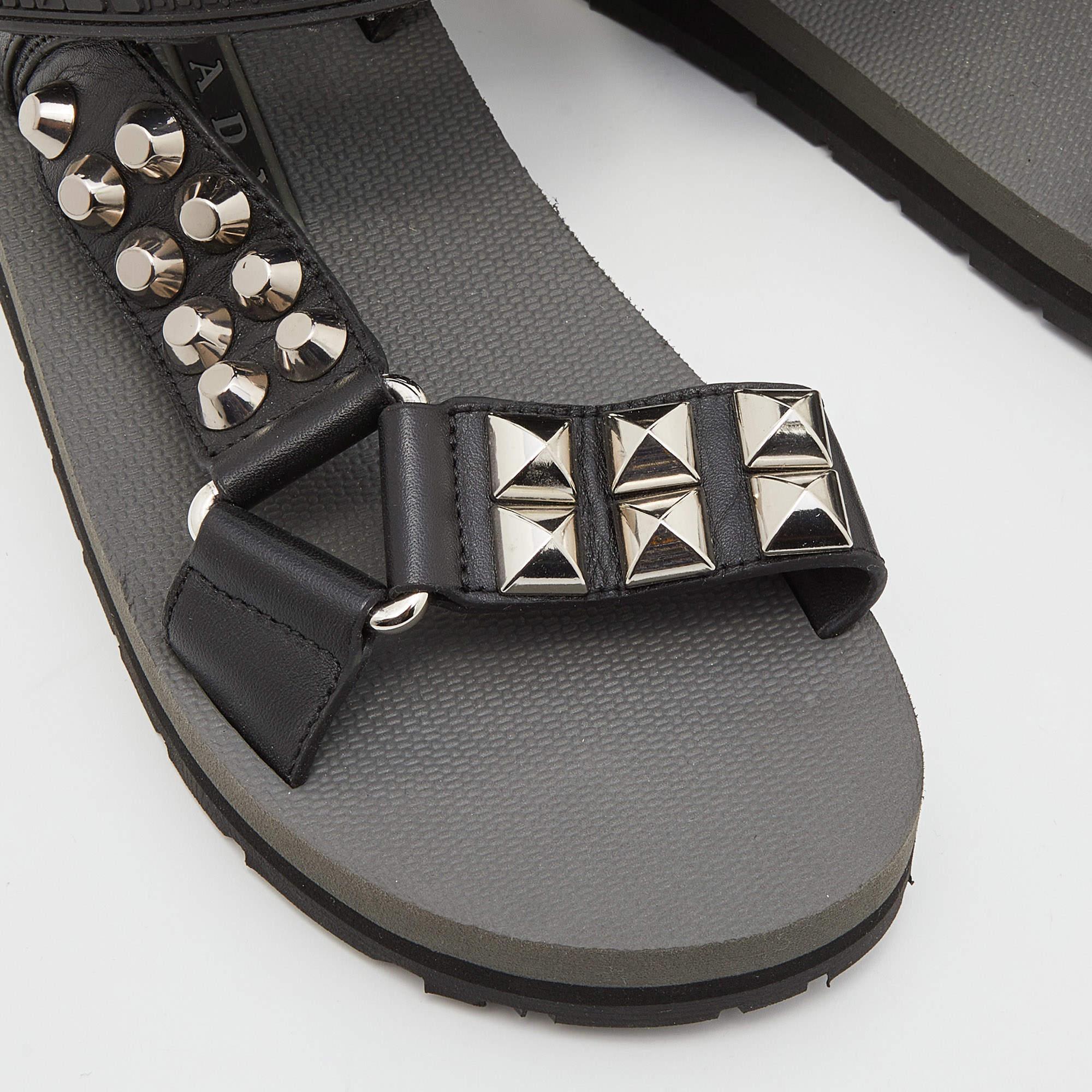 Prada Black Leather and Rubber Punk Stud Ankle Strap Flat Sandals Size 37.5 2