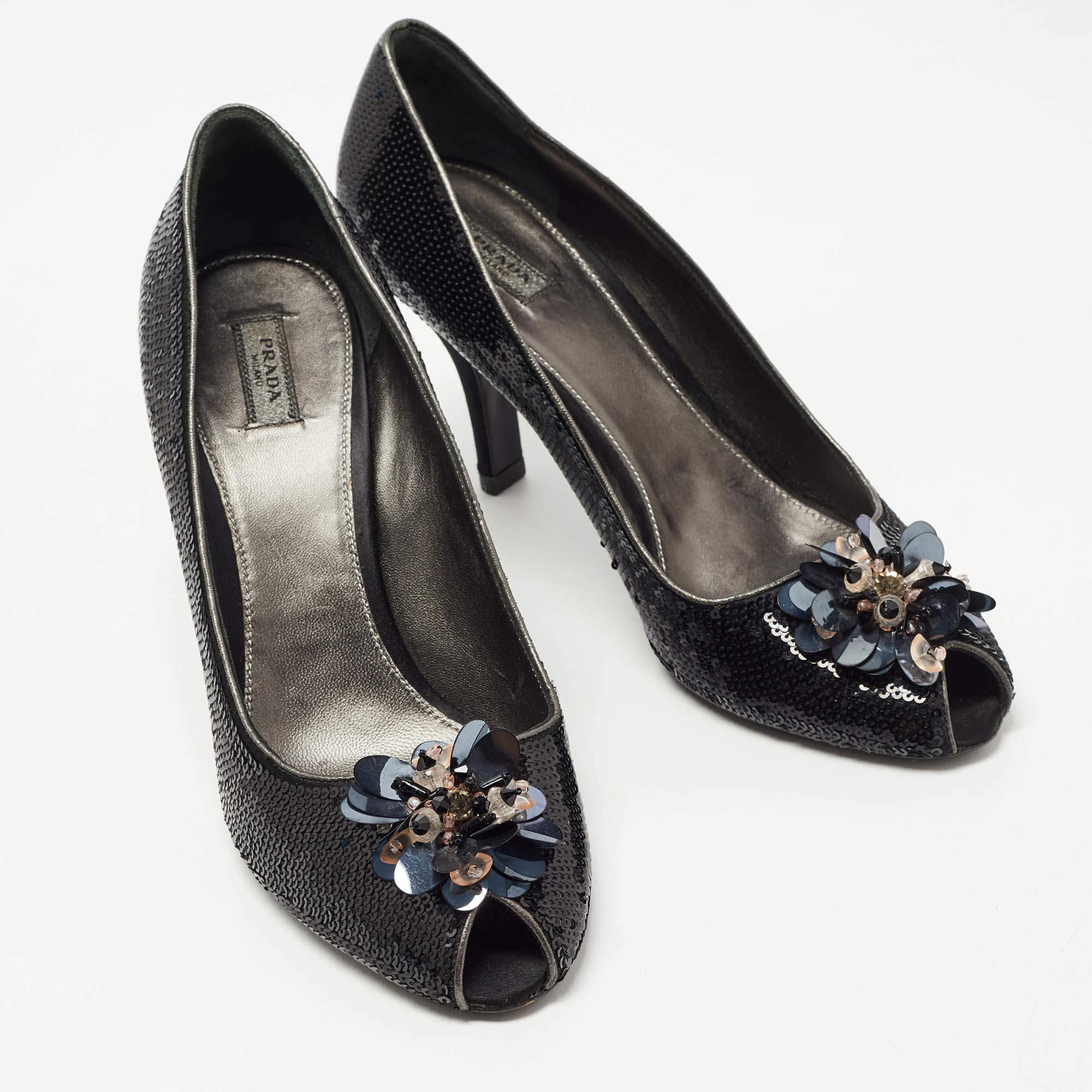 Women's Prada Black Leather and Sequin Flower Embellished Peep Toe Pumps Size 40