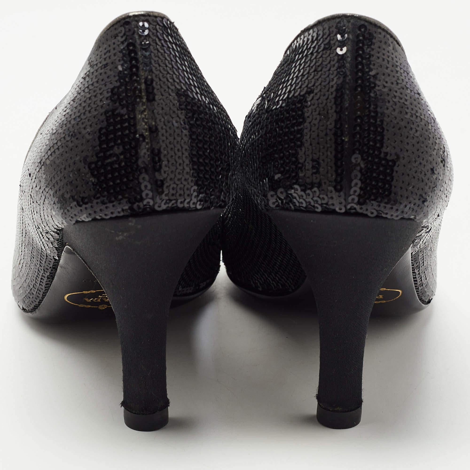 Prada Black Leather and Sequin Flower Embellished Peep Toe Pumps Size 40 1