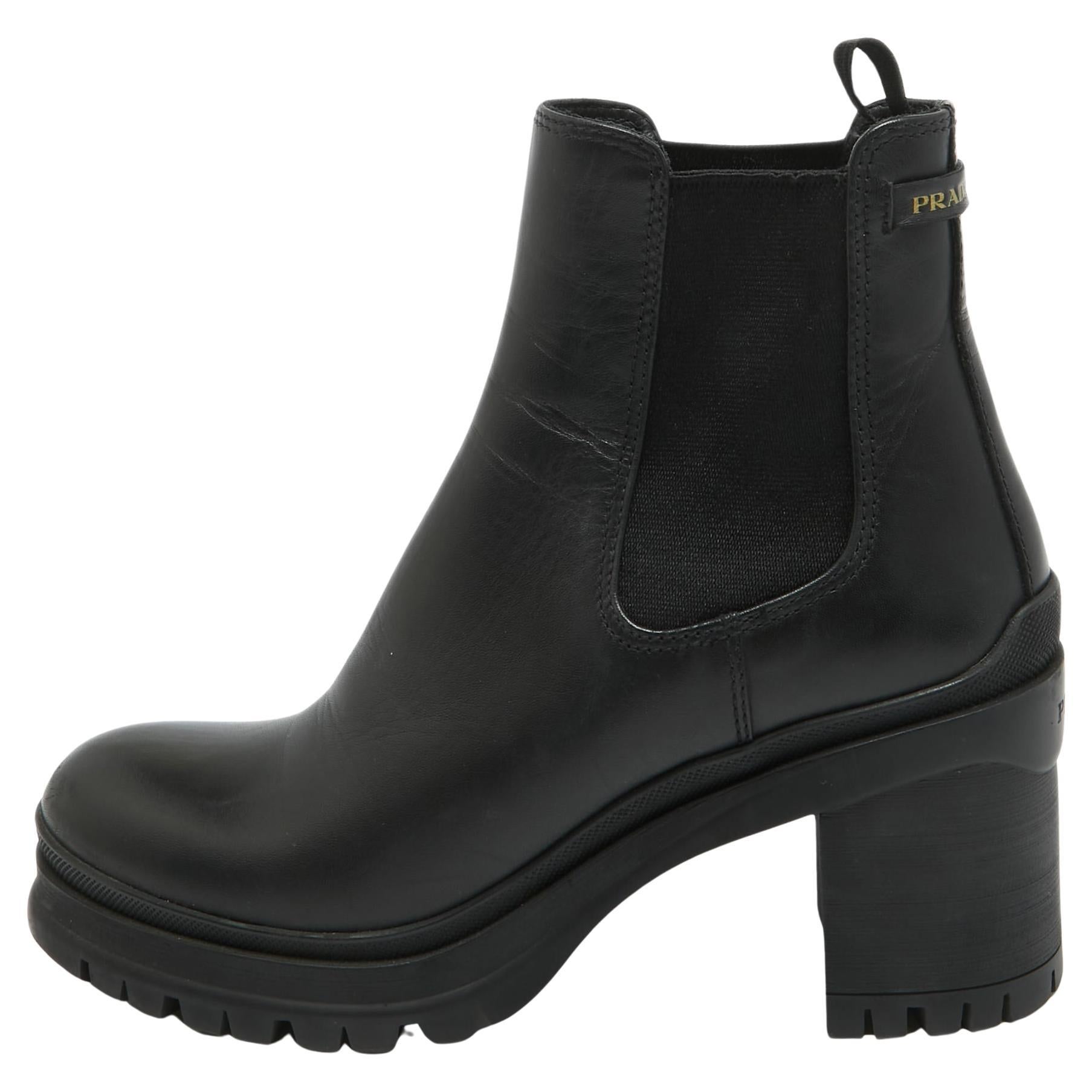 Prada Black Leather Ankle Length Boots Size 38.5 For Sale