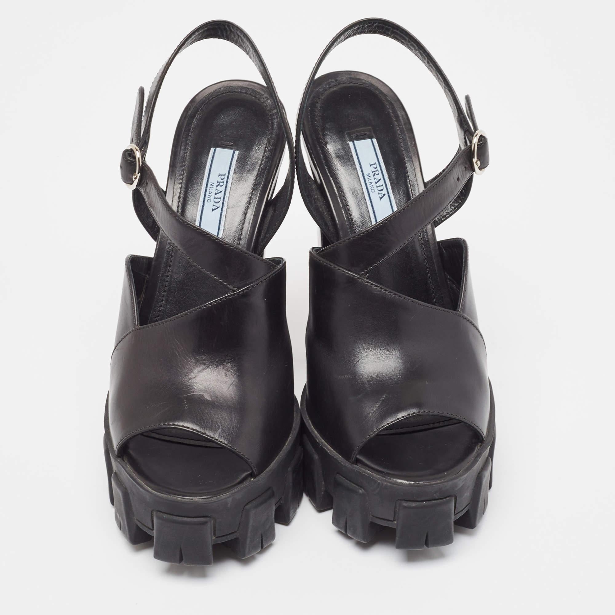 Prada Black Leather Ankle Strap Sandals Size 37 In Good Condition In Dubai, Al Qouz 2