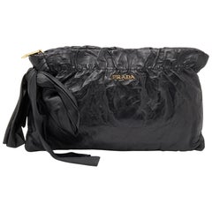 Prada Black Leather Antique Large Bow Zip Clutch