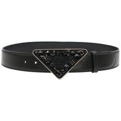 Prada Black Leather Belt with Embellished Buckle