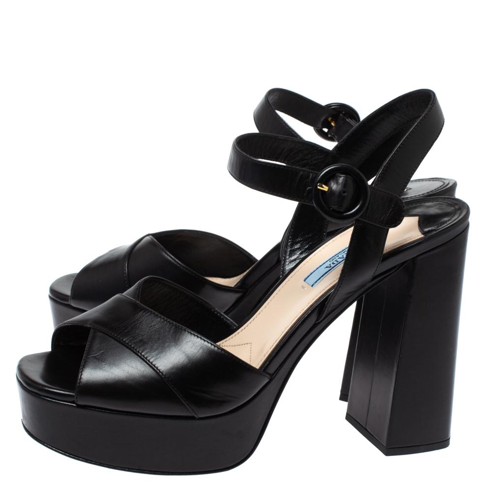 Women's Prada Black Leather Block Heel Ankle Strap Platform Sandals Size 39