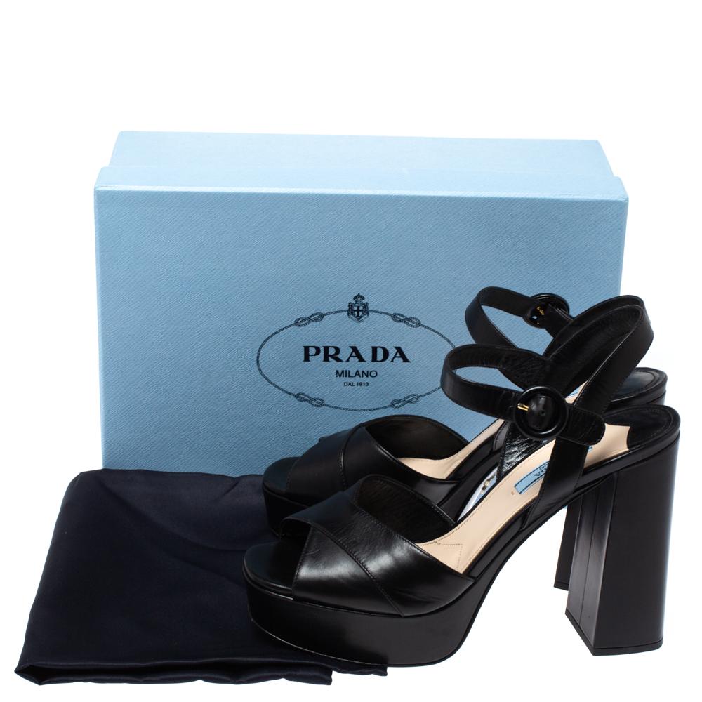 Prada Black Leather Block Heel Ankle Strap Platform Sandals Size 39 1