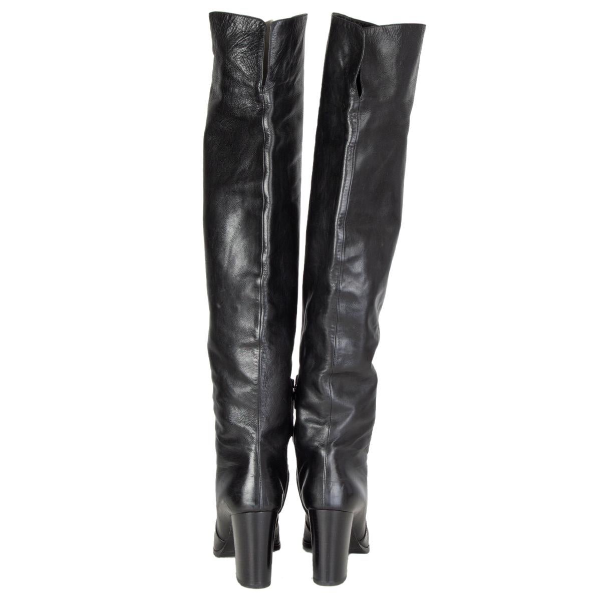 PRADA black leather BLOCK HEEL OVER THE KNEE Boots Shoes 38 In Excellent Condition In Zürich, CH