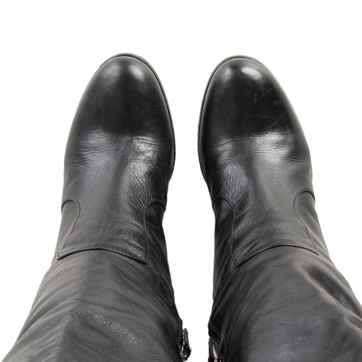 Women's PRADA black leather BLOCK HEEL OVER THE KNEE Boots Shoes 38