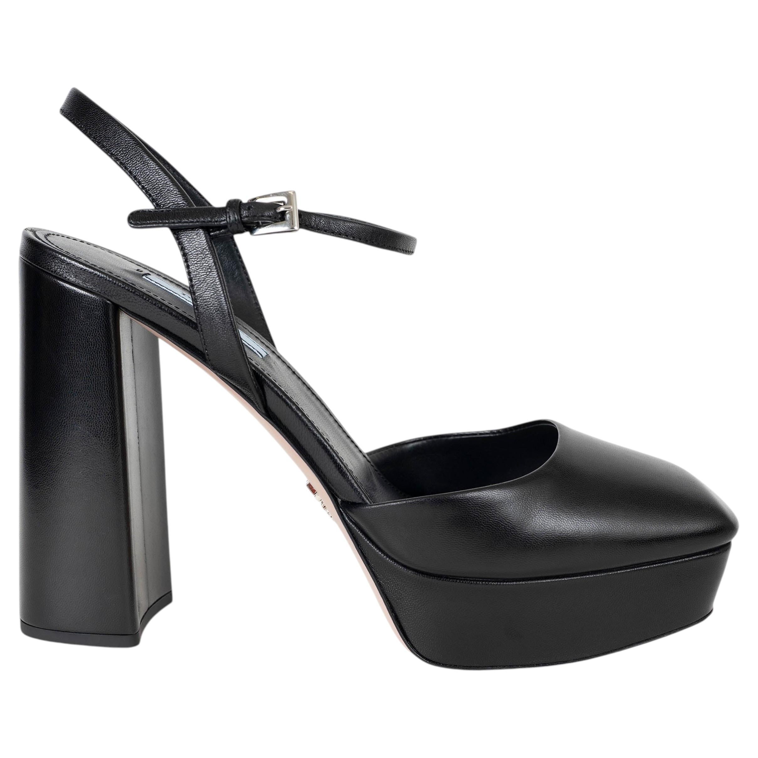 Pre-owned Prada Black Leather Block Heel Platform Ankle Strap Slingabcks Shoes 39