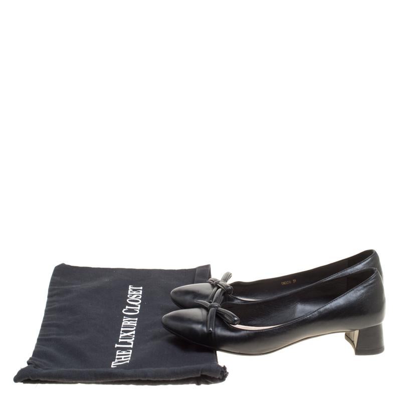 Prada Black Leather Bow Block Heel Pumps Size 39 4