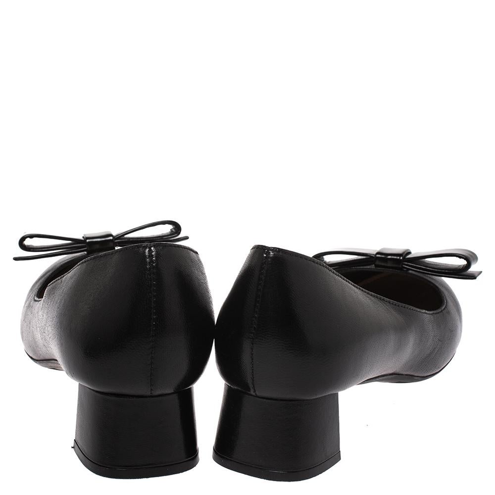 Women's Prada Black Leather Bow Detail Block Heel Pumps Size 37.5