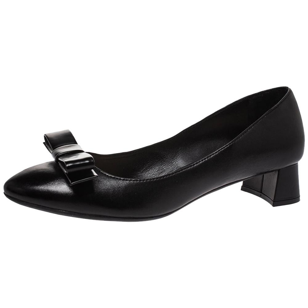 Prada Black Leather Bow Detail Block Heel Pumps Size 37.5