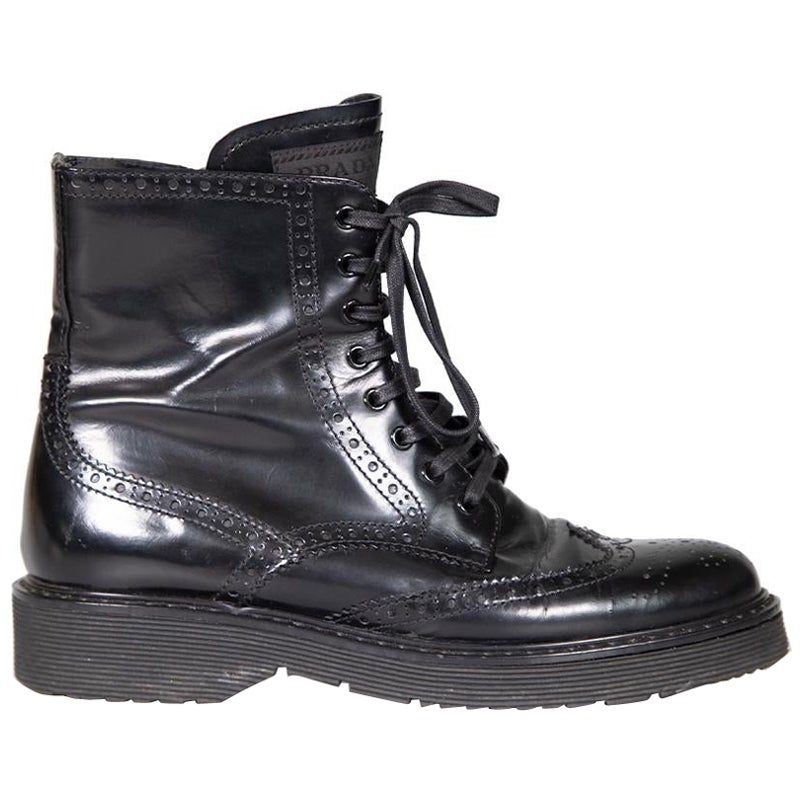 Prada Black Leather Brogue Detail Combat Boots Size IT 38.5