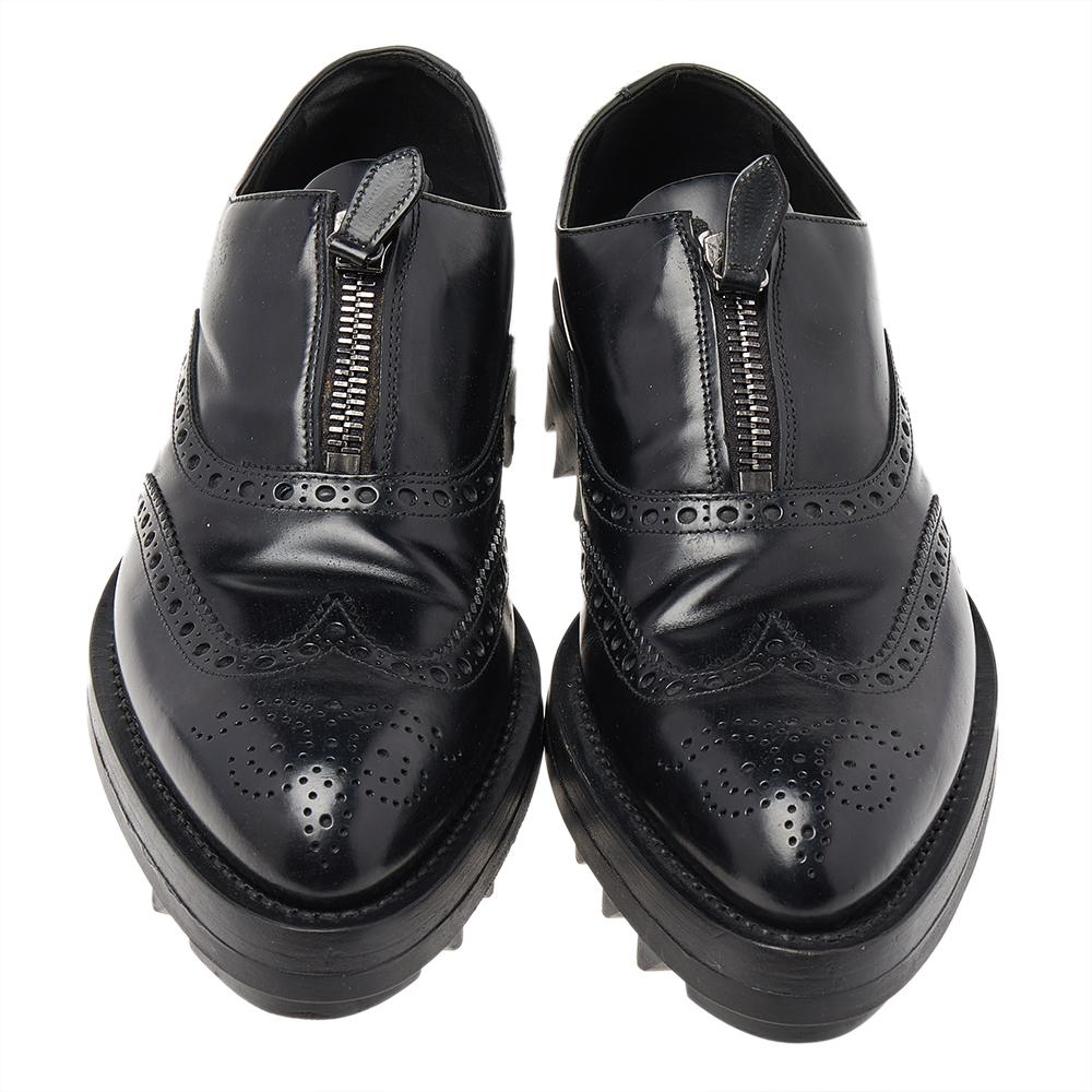Men's Prada Black Leather Brogue Zipper Platform Oxfords Size 41