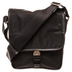 Prada Black Leather Bucket Messenger Bag with Leather, silver-tone hardware