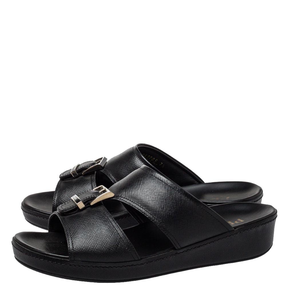 Men's Prada Black Leather Buckle Slide Flat Sandals Size 41.5
