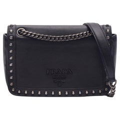 Used Prada Black Leather Calfskin Studded Glace Crossbody Bag
