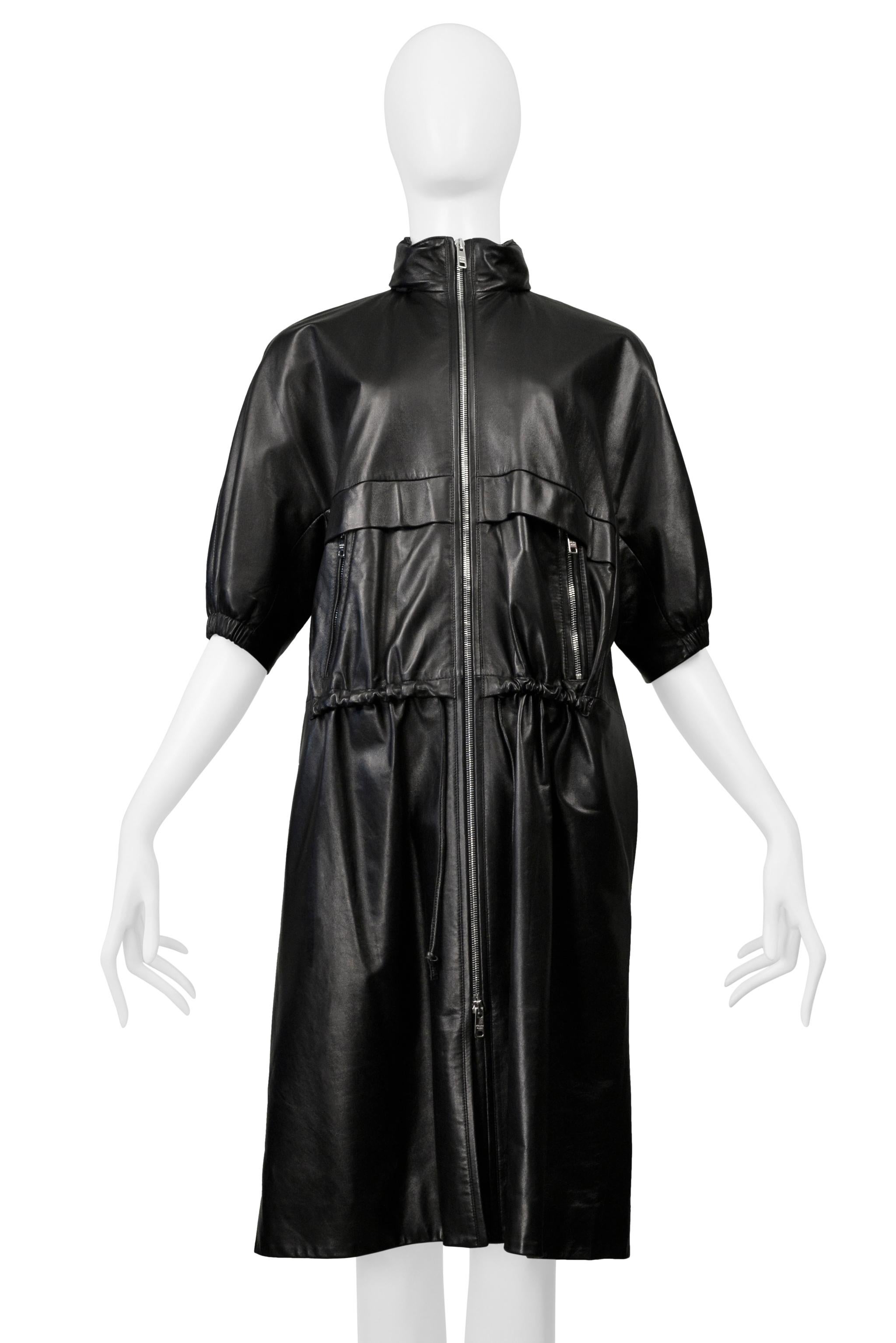 Prada Black Leather Coat With Drawstrings & Hood In Excellent Condition For Sale In Los Angeles, CA