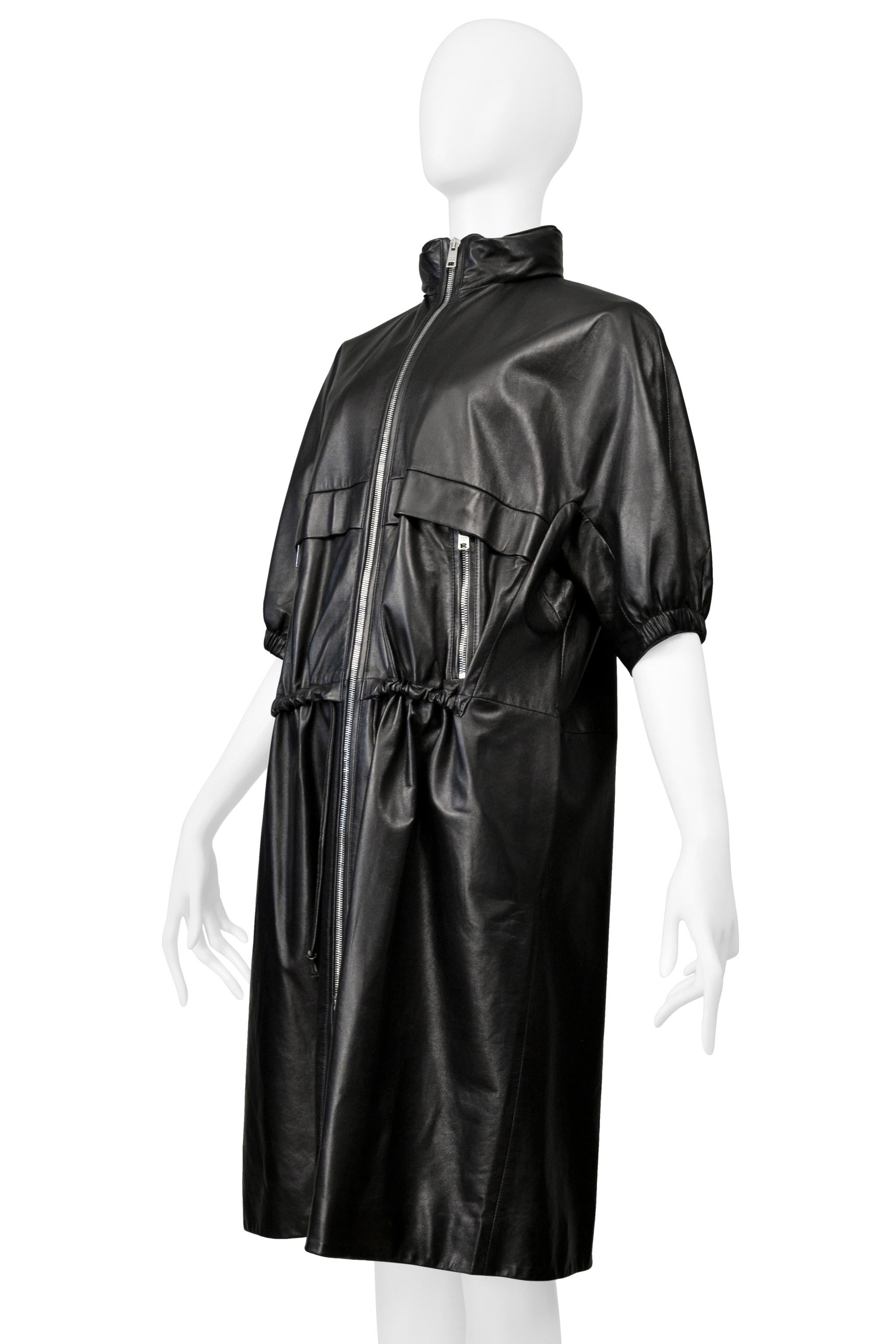 Women's Prada Black Leather Coat With Drawstrings & Hood For Sale