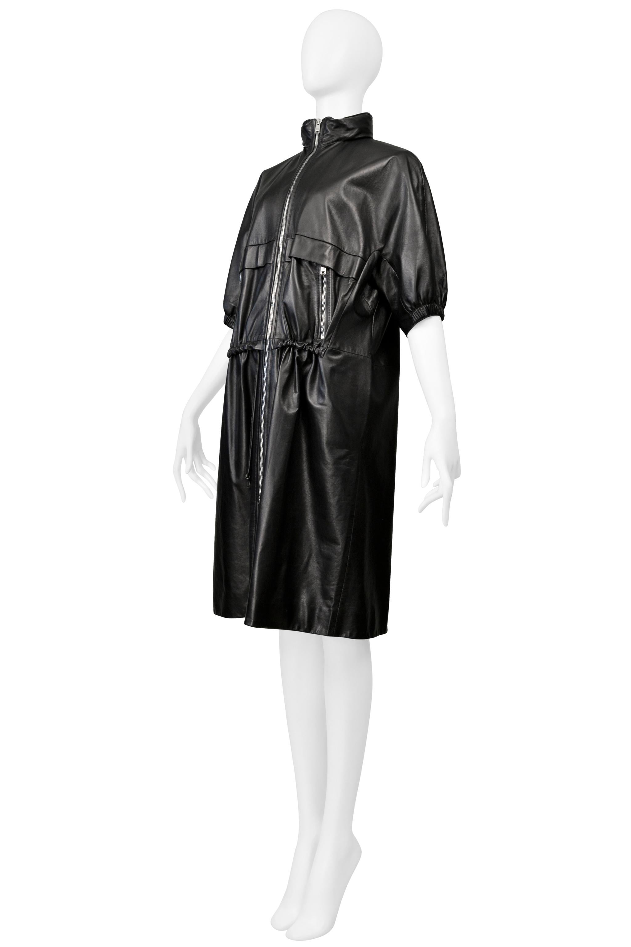Prada Black Leather Coat With Drawstrings & Hood For Sale 1