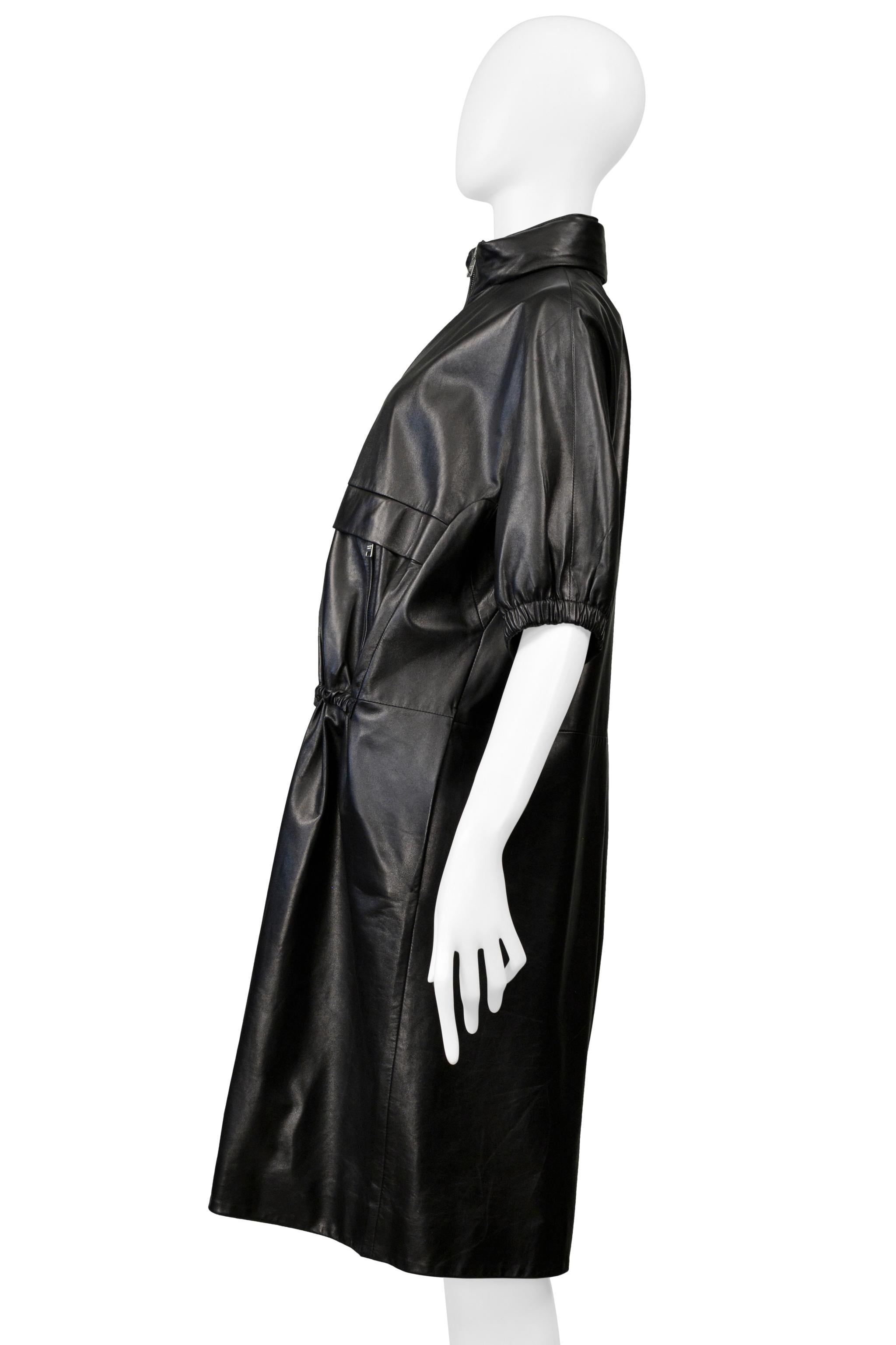 Prada Black Leather Coat With Drawstrings & Hood For Sale 2