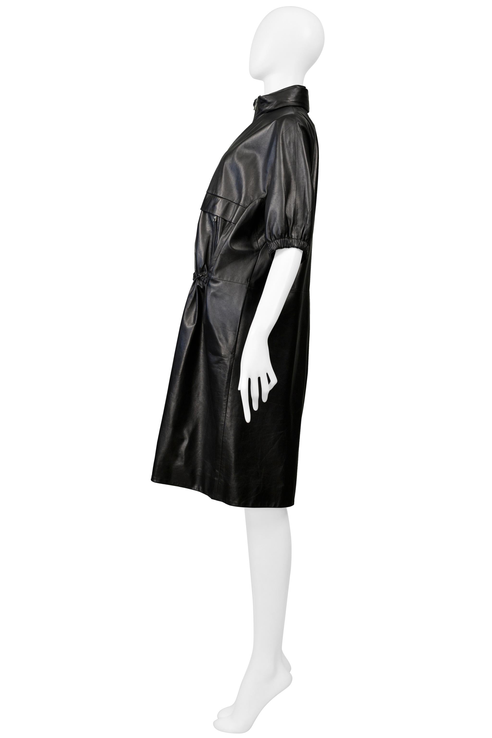 Prada Black Leather Coat With Drawstrings & Hood For Sale 3
