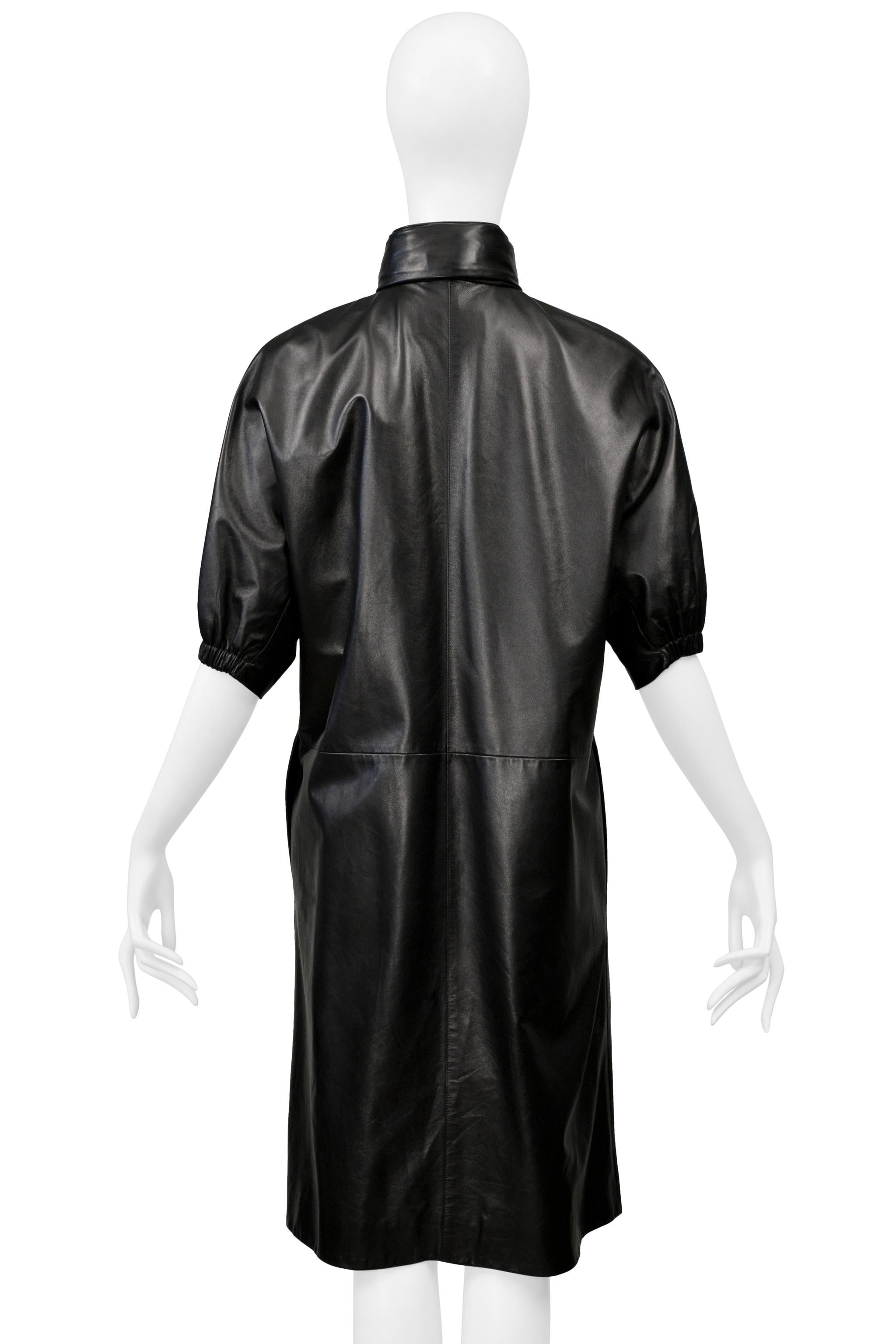 Prada Black Leather Coat With Drawstrings & Hood For Sale 4