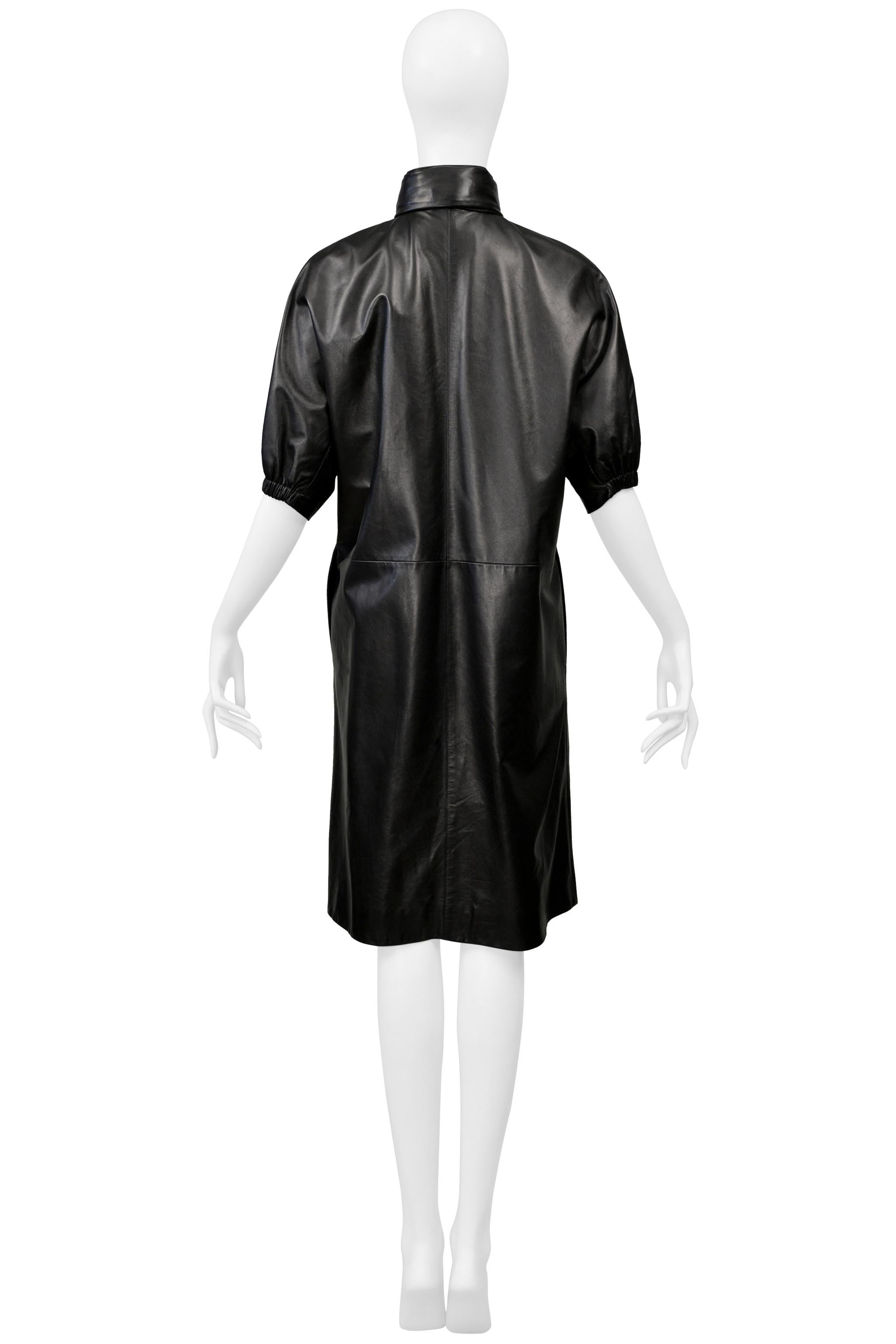 Prada Black Leather Coat With Drawstrings & Hood For Sale 5