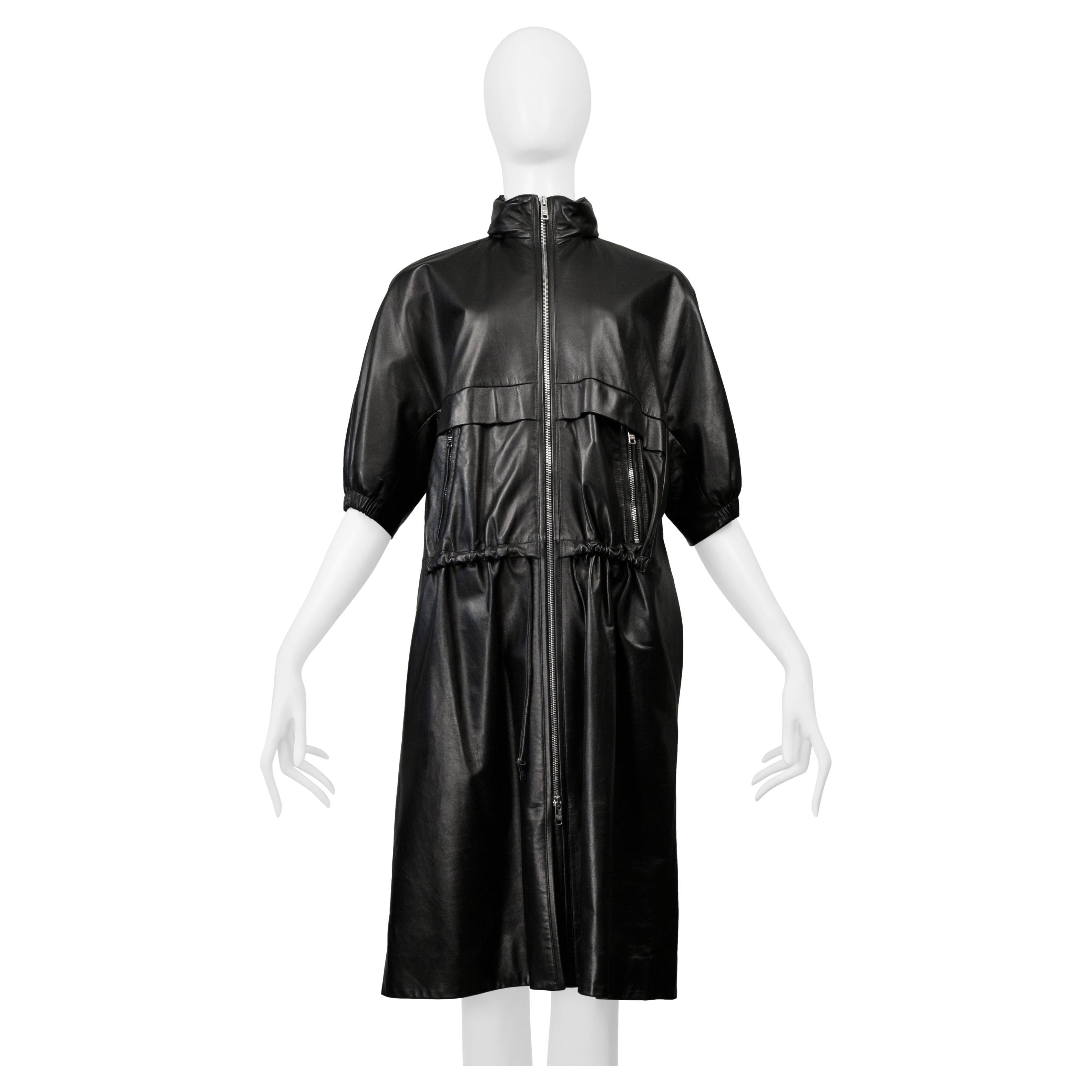 Prada Black Leather Coat With Drawstrings & Hood For Sale