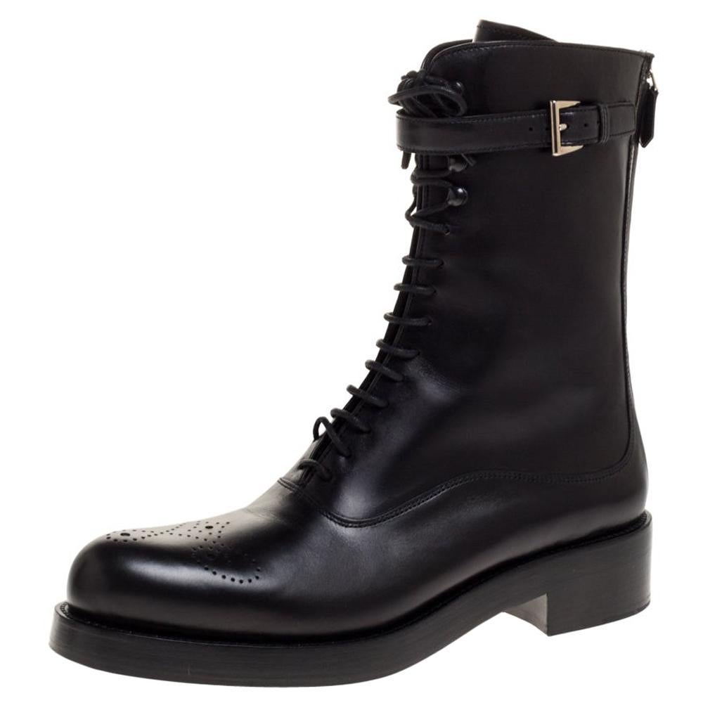 Prada Black Leather Combat Boots Size 38