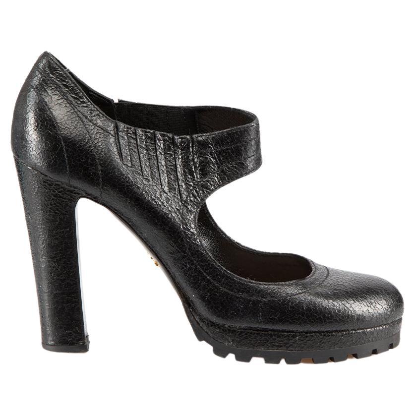 Prada Black Leather Craquelure Mary-Jane Heels Size IT 39 For Sale